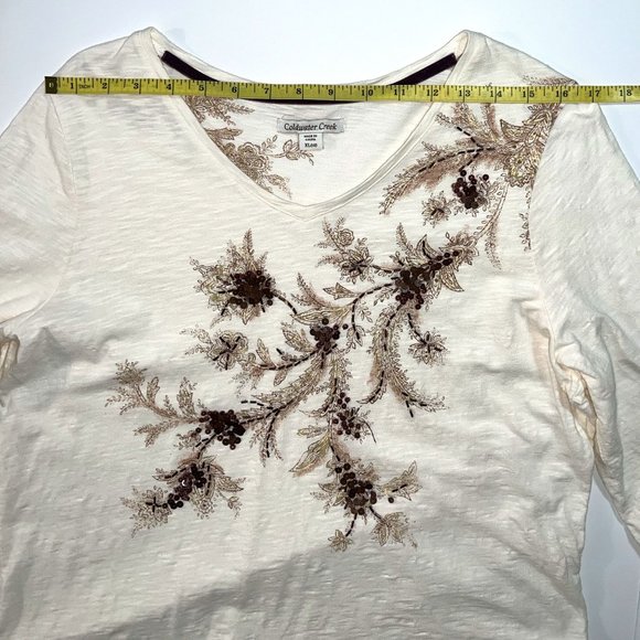 Coldwater Creek - Women's Size XL - Ivory Blouse With Flowers & Brown Squins - Picture 7 of 11